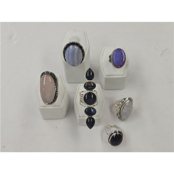 6 New Natural Stone Rings in Silver Settings - all stamped .925 (Labradorite, Triplet Opal, Larimar,