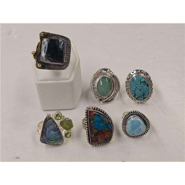 6 New Natural Stone Rings in Silver Settings - all stamped .925 (Oyster Copper Turquoise, Turquoise,