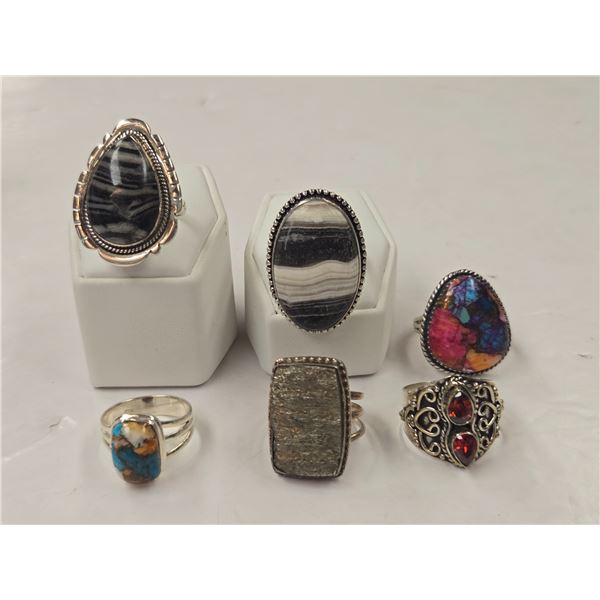 6 New Natural Stone Rings in Silver Settings - all stamped .925 (Oyster Copper Turquoise, Garnet Cry