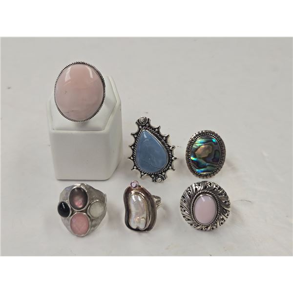 6 New Natural Stone Rings in Silver Settings - all stamped .925 (Pink Andean Opal, Abalone, Mabe Pea