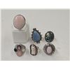 Image 1 : 6 New Natural Stone Rings in Silver Settings - all stamped .925 (Pink Andean Opal, Abalone, Mabe Pea