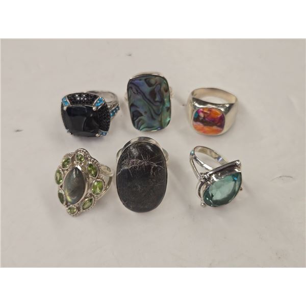 6 New Natural Stone & Faceted Crystal Rings in Silver Settings - all stamped .925 (Peridot, Abalone,