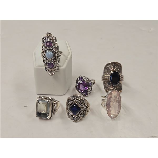 6 New Faceted Crystal & Quartz Rings in Silver Settings - all stamped .925 (Amethyst, Peridot, Hemat