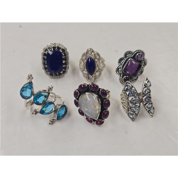 6 New Crystal & Quartz Rings in Silver Settings - all stamped .925 (Blue Topaz Crystal, Amethyst, Ga