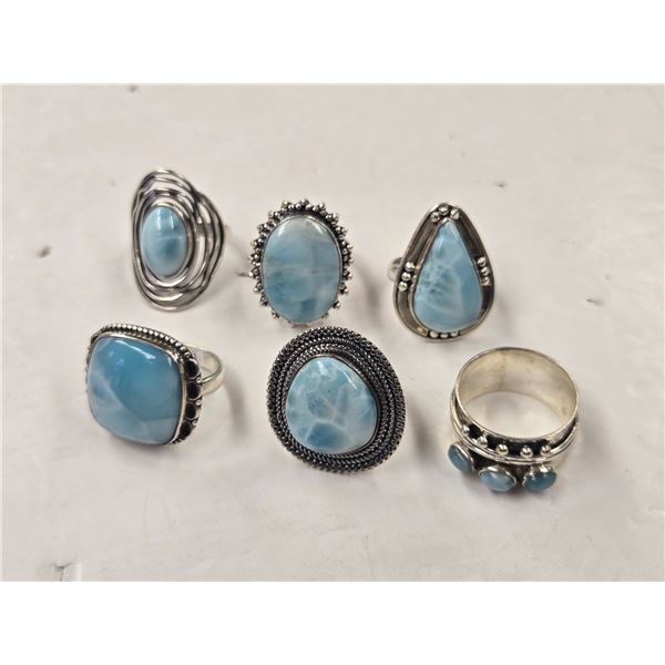6 New Polished Larimar Stone Rings in Silver Settings - all stamped .925 -  Total weight: 56.2 grams