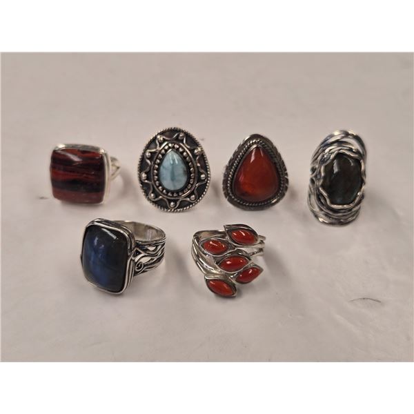 6 New Natural Stone Rings in Silver Settings - all stamped .925 (Iron Tiger Eye, Labradorite, Red Ja