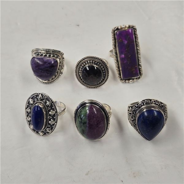 6 New Natural Stone Rings in Silver Settings - all stamped .925 (Purple Charoite, Ruby Zoisite and B