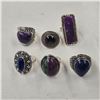 Image 1 : 6 New Natural Stone Rings in Silver Settings - all stamped .925 (Purple Charoite, Ruby Zoisite and B
