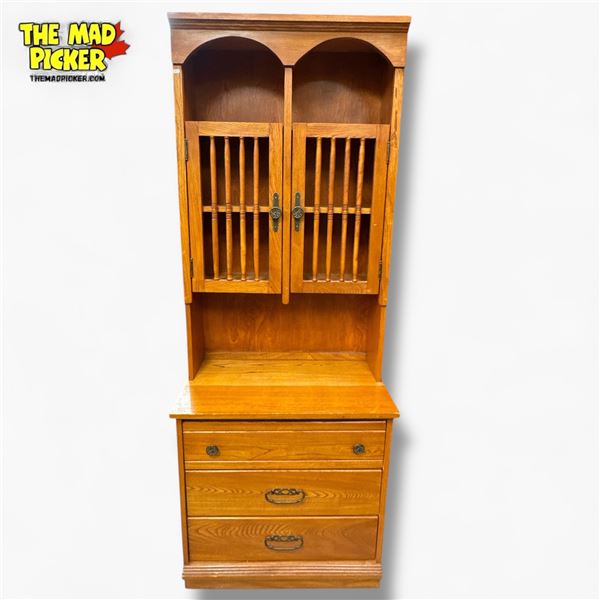 Arts and Crafts Oak Bureau Bookcase Two-Piece 29.5x16.5x78 Inches with Drawers and Shelves
