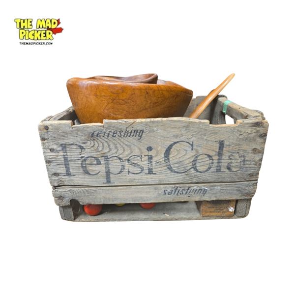 Vintage Wooden Pepsi Crate with Collectible Wooden Bowls and Cribbage Board