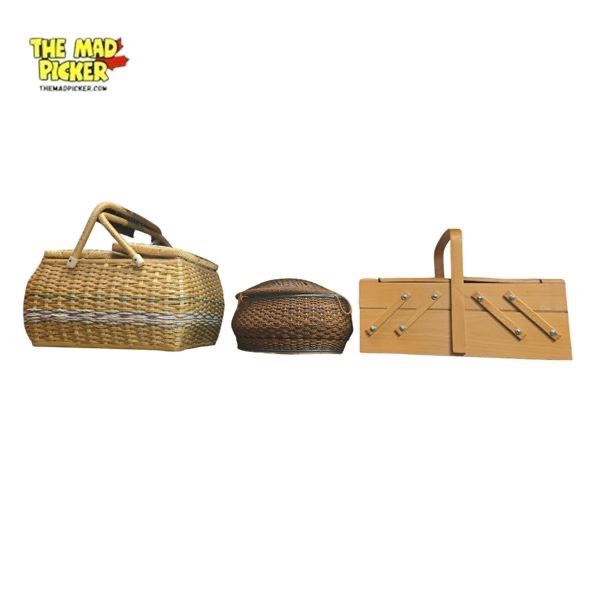 Collection of 3 Vintage Woven and Wooden Sewing Baskets with Supplies