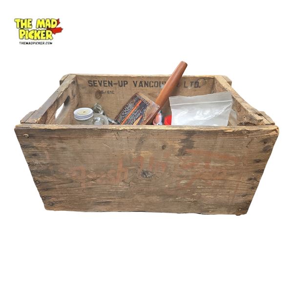 Vintage 7-up Soda Wooden Crate with Assorted Collectibles Mid-20th Century