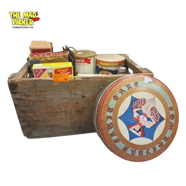 Vintage Canada Dry Wooden Crate with Assorted Collectible Kitchen Tins and Boxes