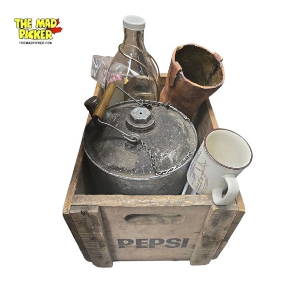 Assorted Collectibles Lot with Plate Mug and Art in Vintage Pepsi Wooden Crate