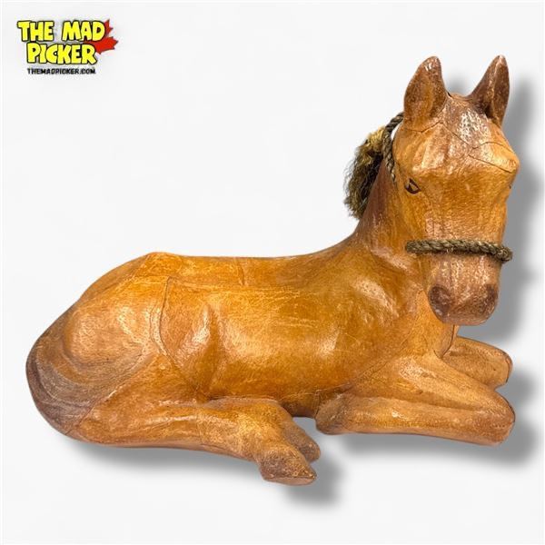 Vintage Handcrafted Leather Lying Horse Sculpture 17 Inch