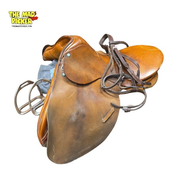 17-Inch English Leather Saddle with Cover, Stirrups, and Leather Halter