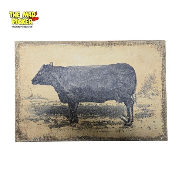 Vintage Angus Cow Print on Burlap Canvas 16x11 Inch Farmhouse Decor