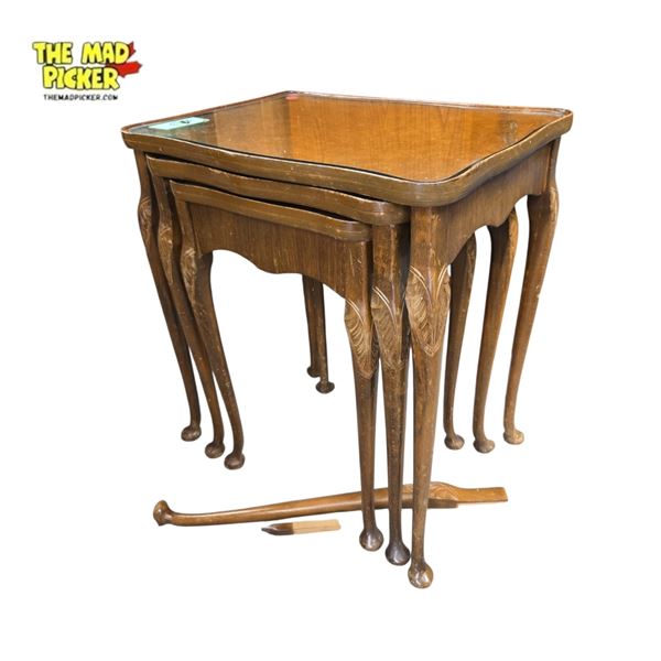 Vintage Burr Walnut Queen Anne-Style Nesting Tables Set of 3 with Glass Tops