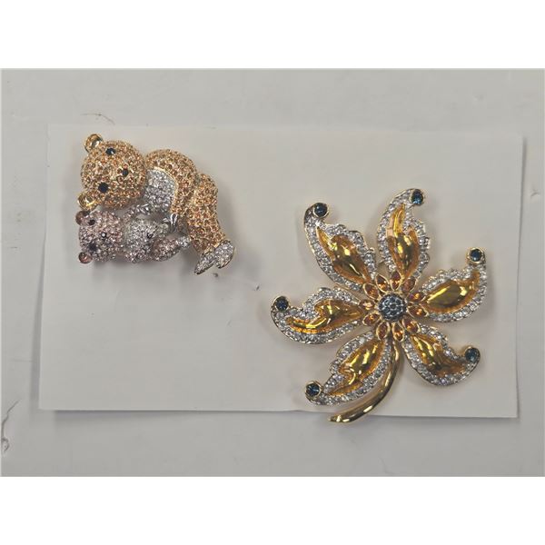 Vintage LP Crystal Floral Brooch & Crystal Mama Bear & Cub Brooch