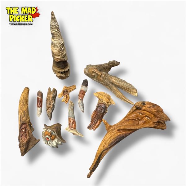 Collection of 11 Driftwood Folk Art Carvings Old Men with Beards Handcrafted