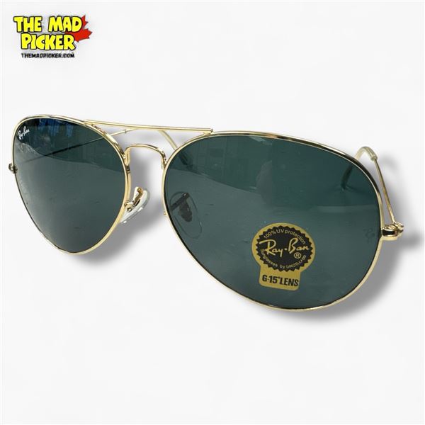 New Genuine Ray-Ban Gold Wire Frame Aviator Sunglasses with Black G-15 Lenses