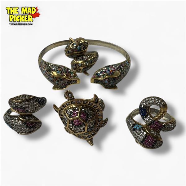 Group of 5 Sterling Silver & Brass Jewelry with Pave Crystal Gemstones (Hinged cuff bracelet, dolphi