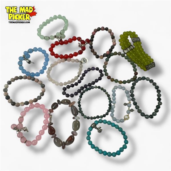 15 New Beaded Stretch Bracelets with Natural Stones, Budha Beads, Lava Beads and Glass