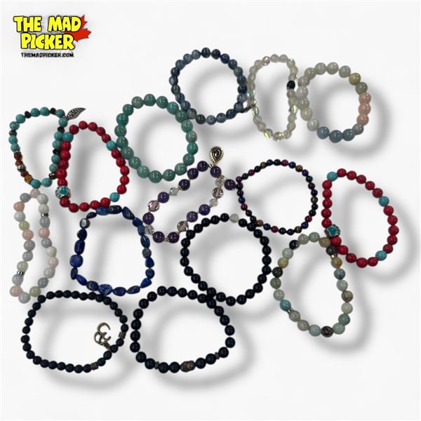 15 New Beaded Stretch Bracelets with Natural Stones, Budha Beads, Lava Beads and Glass