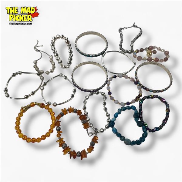 15 Assorted New Bracelets from a Variety of Materials - Stretch and Bangle - Silver-Tone, Gemstone a