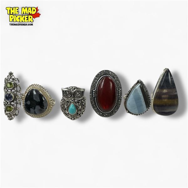 6 New Polished Natural Stone Rings in Silver Settings - all marked .925 (Fluorite, Larimar, Owyhee O
