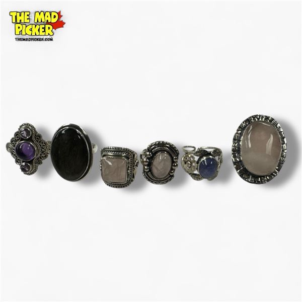 6 New Polished Natural Stone Rings in Silver Settings - all marked .925 (Amethyst, and  Rose Quartz)