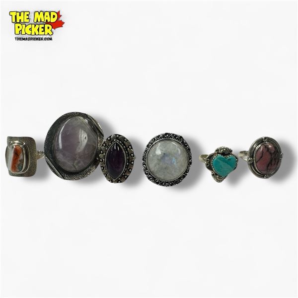 6 New Polished Natural Stone Rings in Silver Settings - all marked .925 (Banded Amethyst, Agate, Tur
