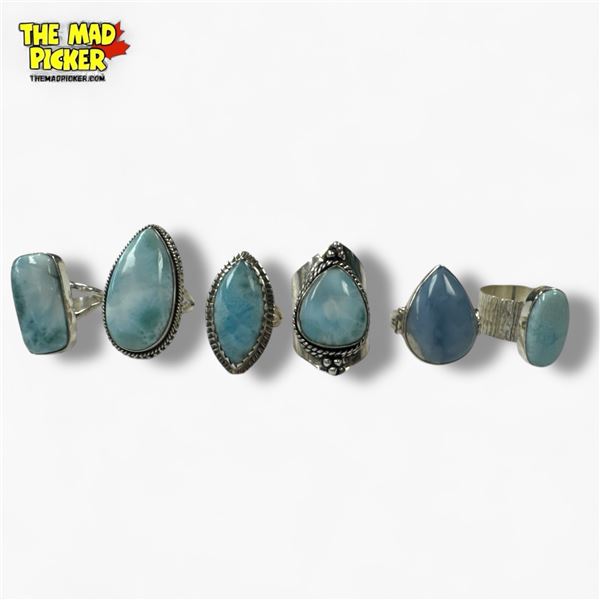 6 New Polished Natural Blue Larimar Stone Rings in Silver Settings - all marked .925 - Total weight: