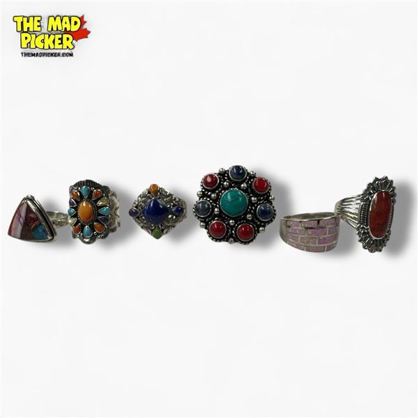 6 New Polished Natural Gemstone Rings in Silver Settings - all marked .925 (Multi-gemstone, inlaid T