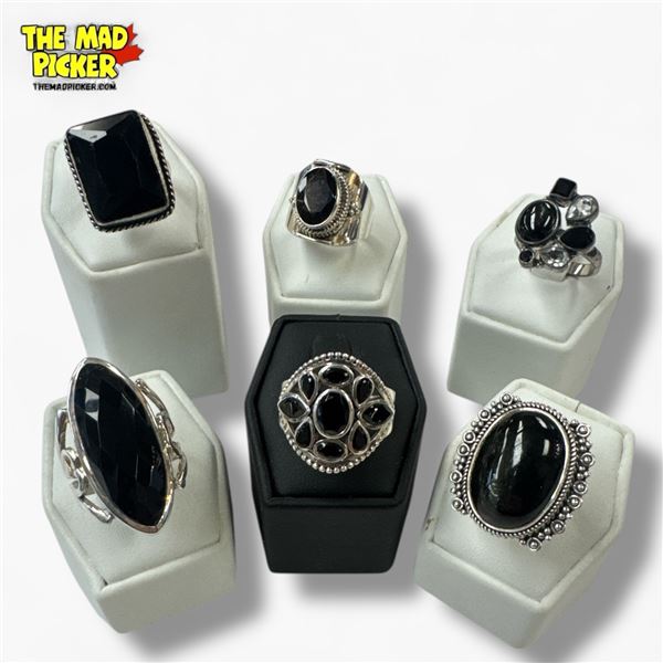 6 New Polished & Faceted Black Onyx & Quartz Rings in Silver Settings - all marked .925 - Total weig