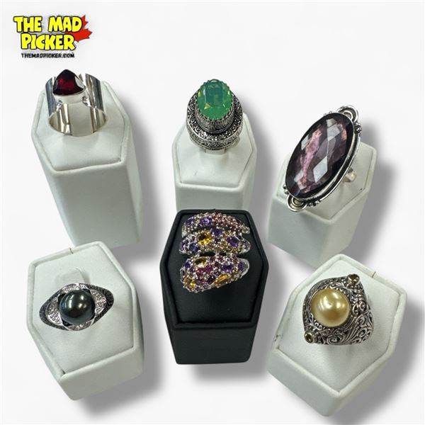 6 New Faceted Gemstone, Crystal & Faux Pearl Rings in Silver Settings - all marked .925 - Total weig