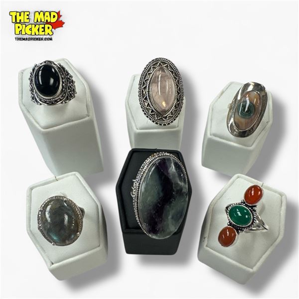 6 New Polished Gemstone & Natural Stone Rings in Silver Settings - all marked .925 (Labradorite, Bla