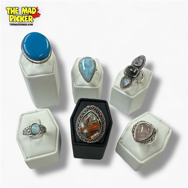6 New Polished Gemstone & Natural Stone Rings in Silver Settings - all marked .925 (Moonstone, Onyx,