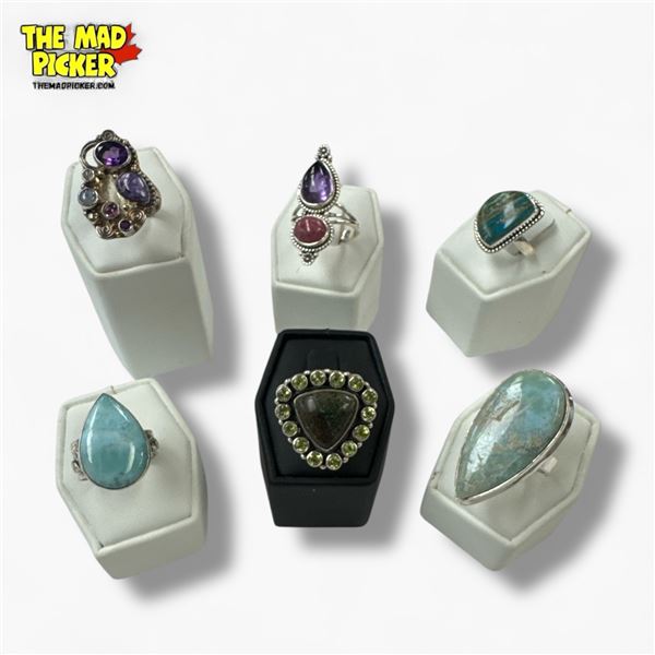 6 New Natural Stone, Gemstone & Faceted Crystal Rings in Silver Settings - all stamped .925  (Larima