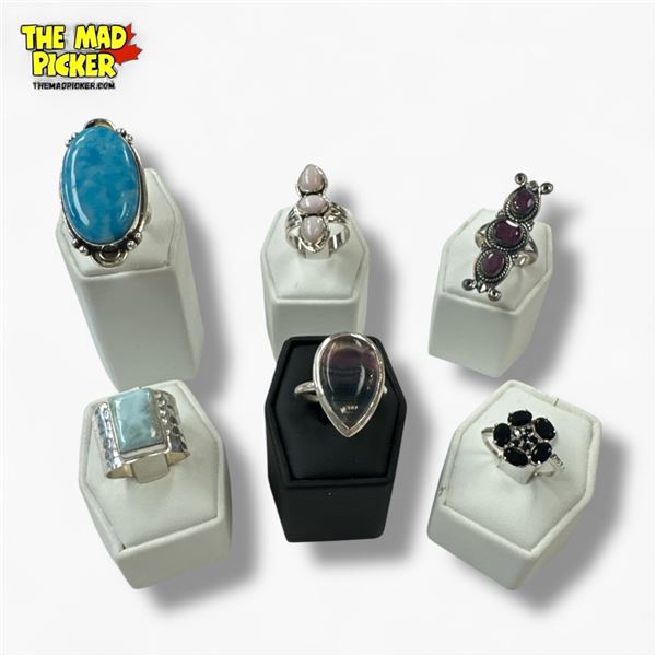 6 New Natural Stone, Gemstone & Faceted Crystal Rings in Silver Settings - all stamped .925  (Garnet