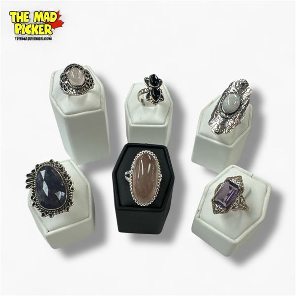 6 New Natural Stone, Gemstone & Faceted Crystal Rings in Silver Settings - all stamped .925  (Moonst