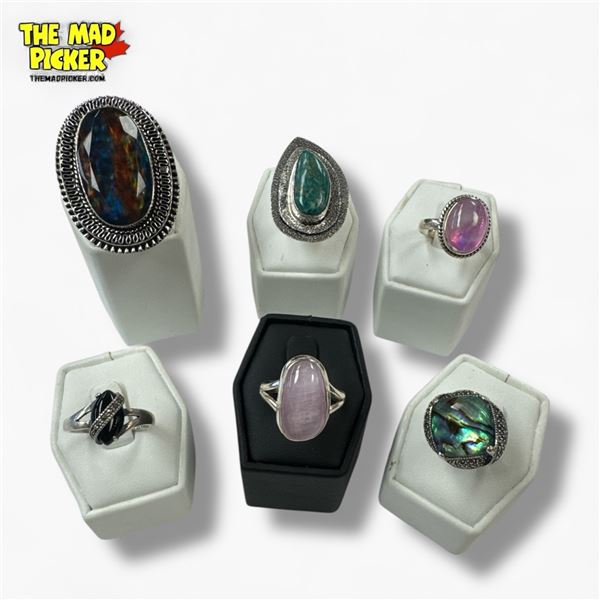 6 New Natural Stone, Gemstone & Faceted Crystal Rings in Silver Settings - all stamped .925  (Green