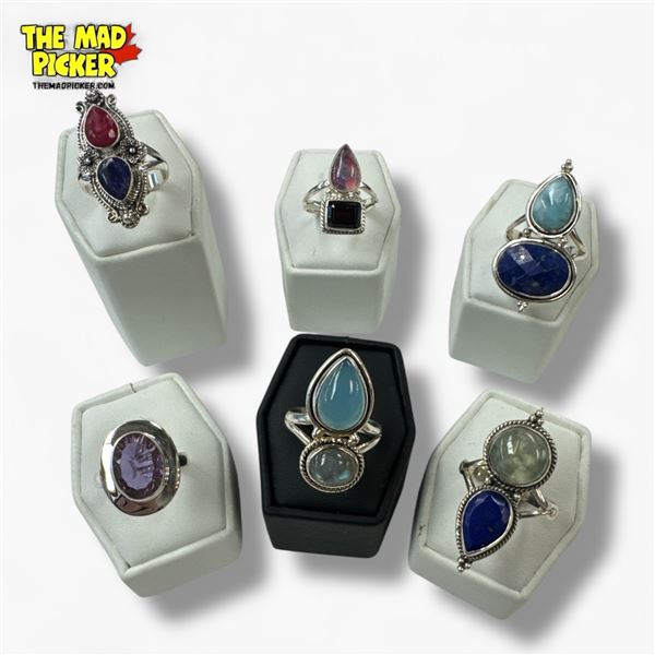 6 New Natural Stone, Gemstone & Faceted Crystal Rings in Silver Settings - all stamped .925  (Lapis,