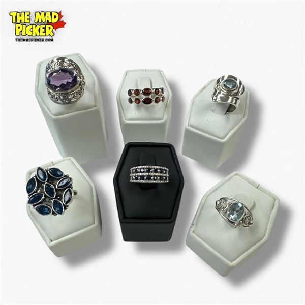 6 New Faceted Gemstone & Crystal Rings in Silver Settings - all stamped .925  (Sapphire,  Garnet, Aq