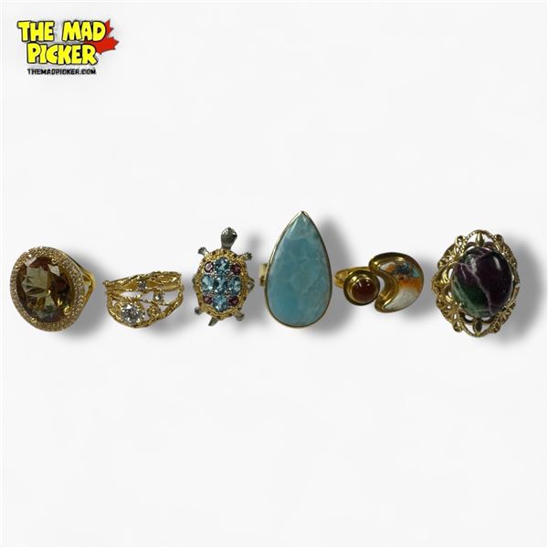 6 New Gold Plated Natural Stone, Gemstone & Faceted Crystal Rings in Silver Settings - all stamped .