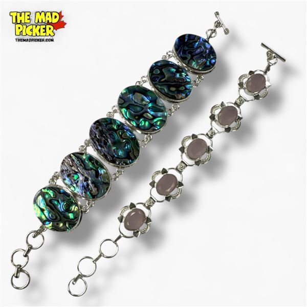 1 Abalone & 1 Rose Quartz Toggle Bracelet in Silver Settings - both stamped .925 (Abalone bracelet i