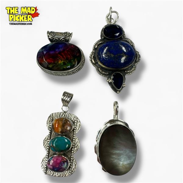 4 New Natural Stone, & Faceted Crystal Pendants in Silver Settings - all stamped .925  (Mother of Pe
