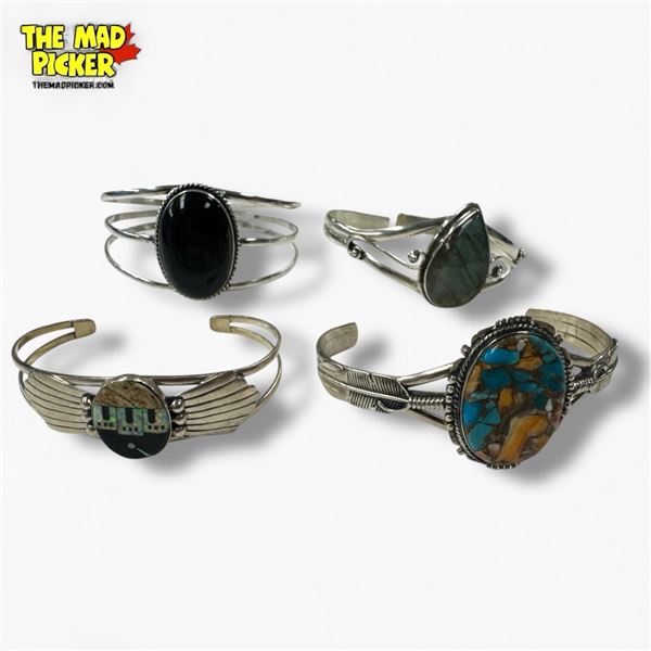3 New Natural Stone, &1  Enamel Cuff Bracelet in Silver Settings - all stamped .925  (Labradorite, O