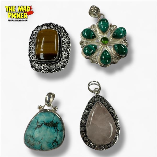 4 New Natural Stone Pendants in Silver Settings - all stamped .925  (Tigers Eye, Malachite with Peri