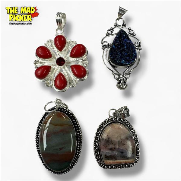 4 New Natural Stone Pendants in Silver Settings - all stamped .925  (Tigers Eye, Red Jasper with Gar
